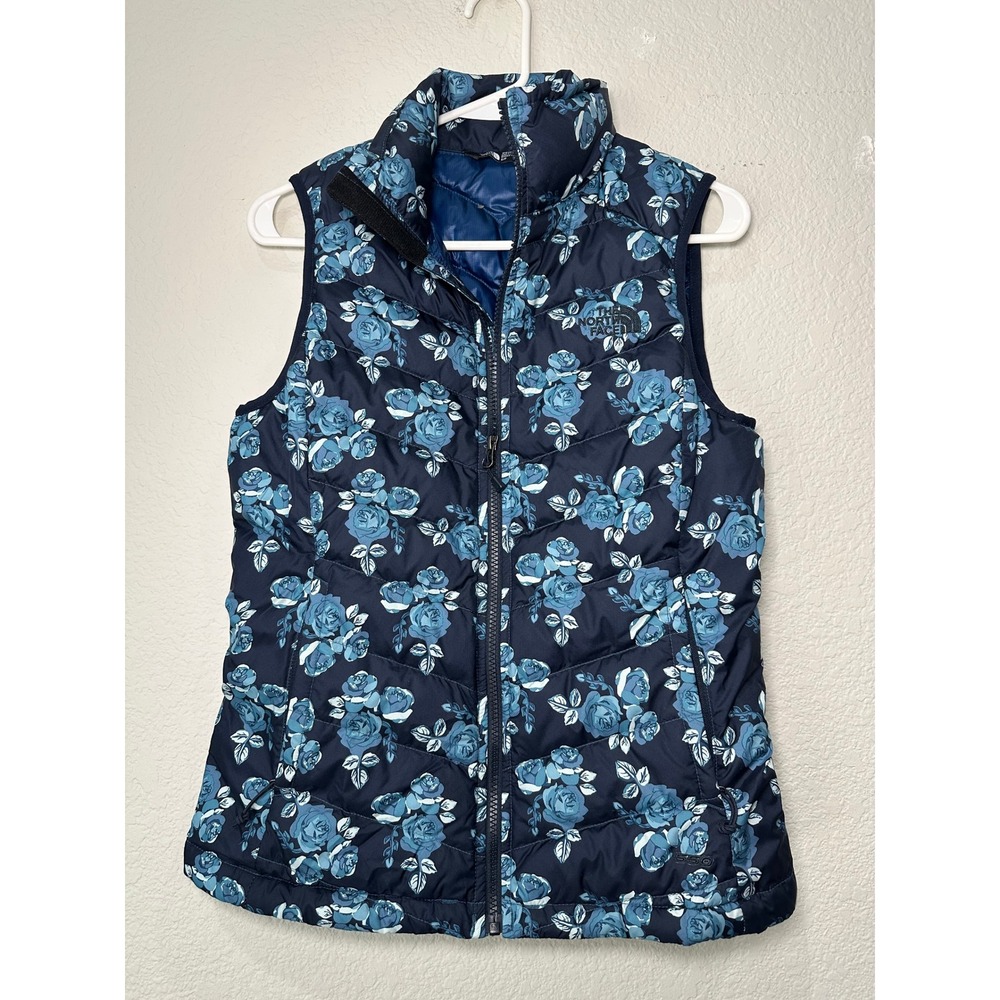 The North Face Womens 550 Down Aconcagua Vest Blue Rose Floral Puffer SP‎